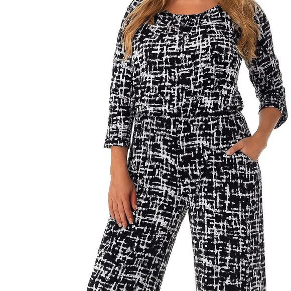 NWT Alki'i sz medium wide leg print jumpsuit black / white patterned - Picture 1 of 4